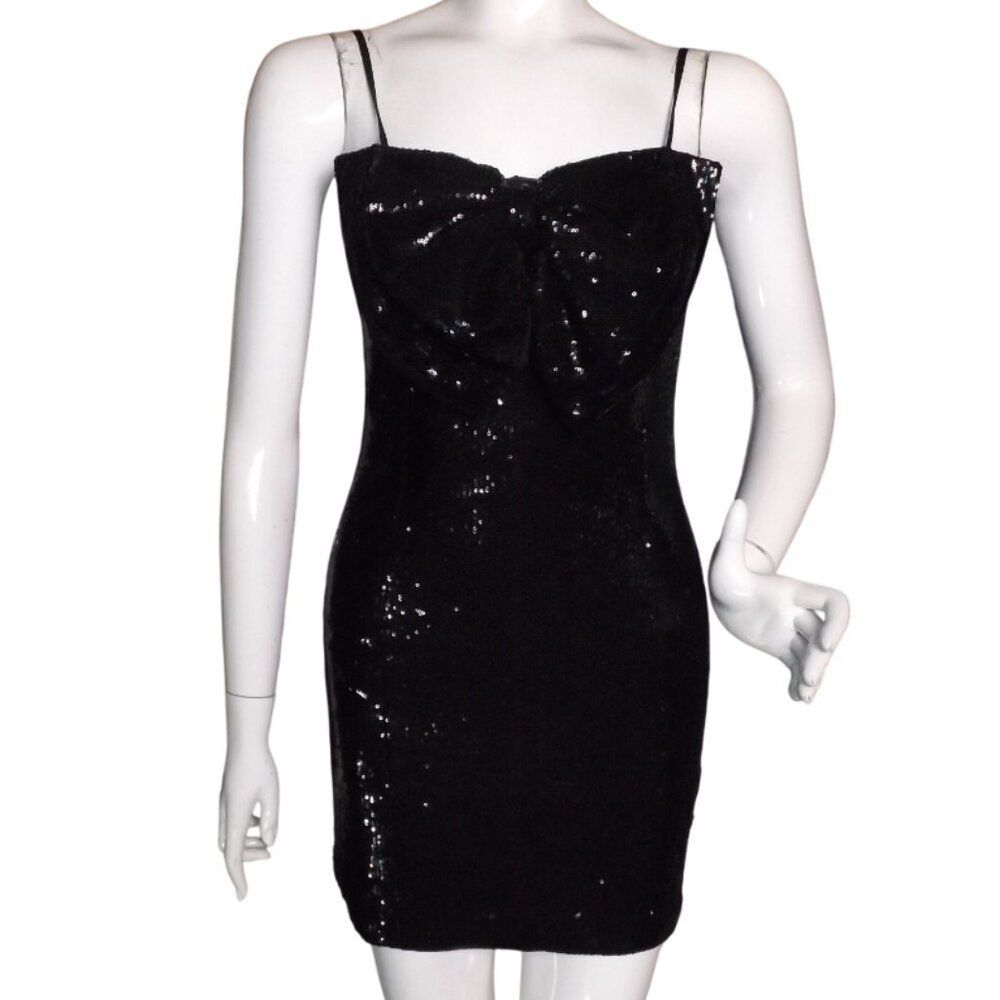 TORN BY RONNY KOBO Mini Dress, M, Big Bow, Black Sequins, Short, spaghetti Strap